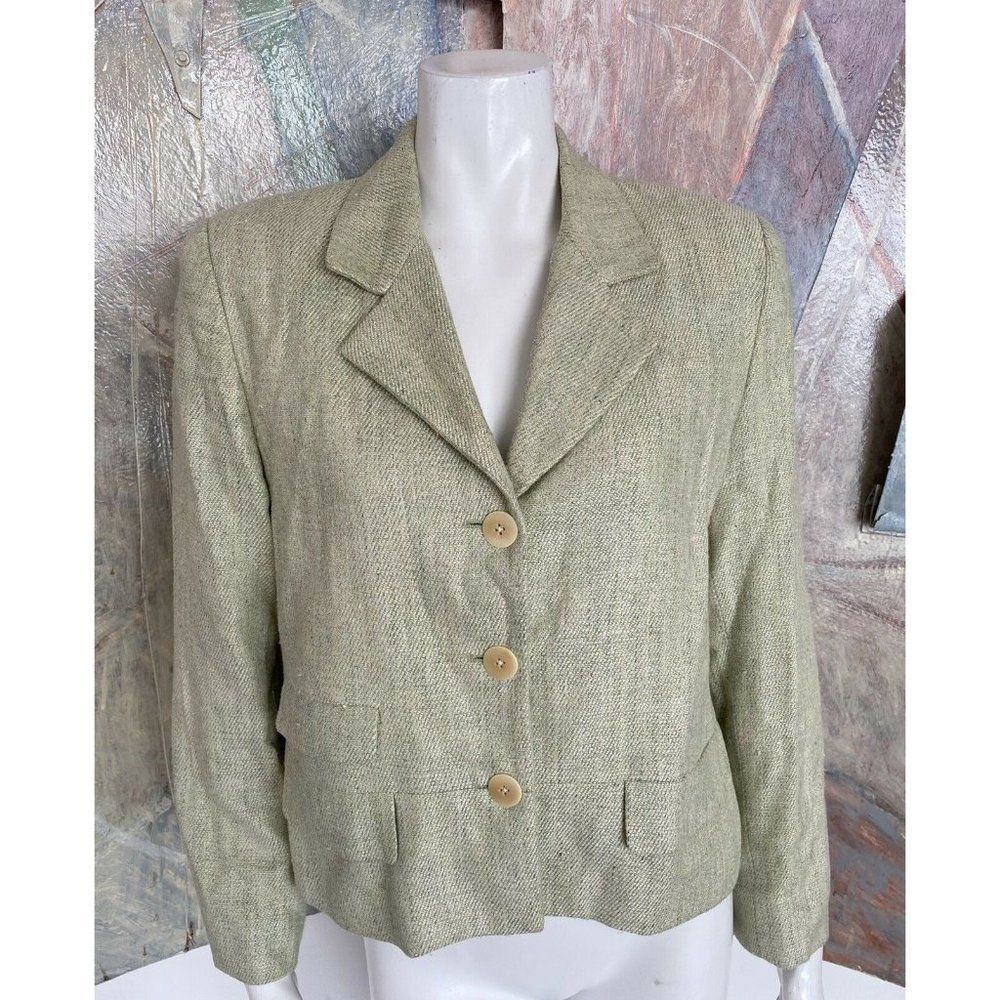 Burberry Womens Vintage Linen Silk Burberrys’ Green Beige Blazer Jacket 10P